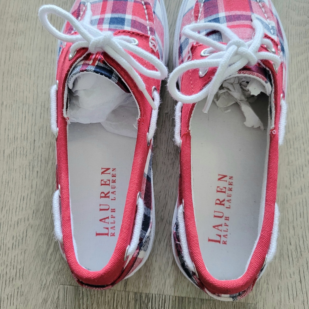 NWOT LAUREN RALPH LAUREN White Red Blue Breena Madras Plaid Boat Canvas Shoes 7B - Picture 3 of 7